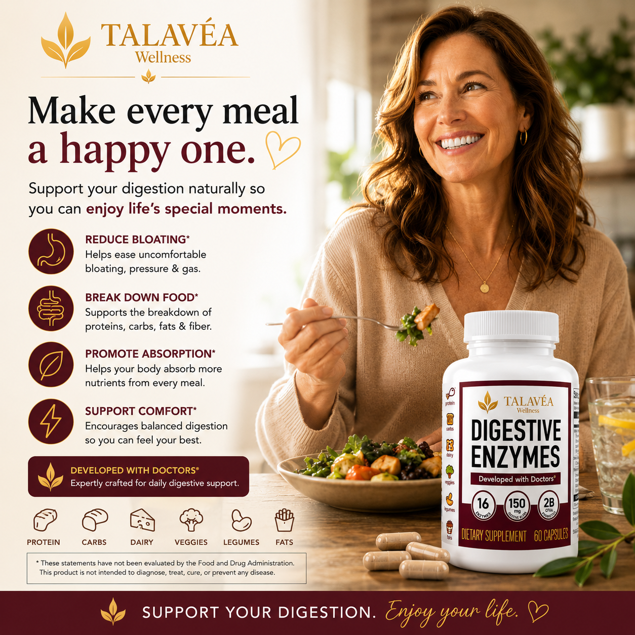 Lifestyle hero image - woman enjoying meal with Talavéa bottle